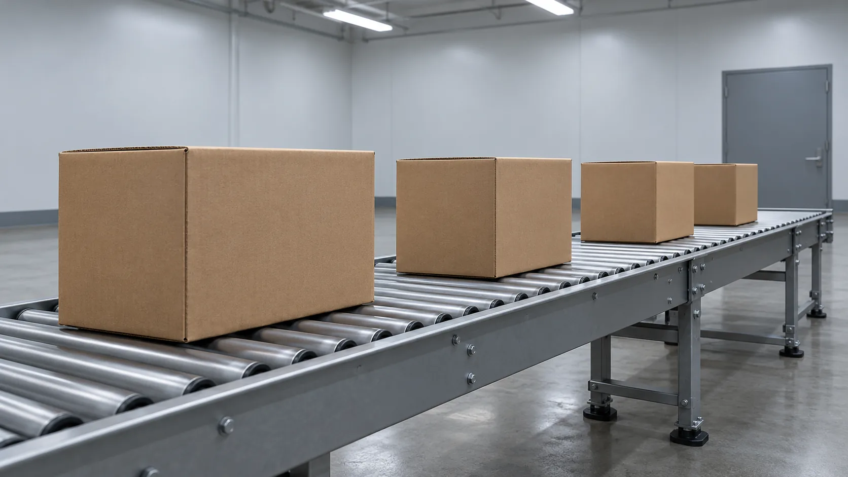 Blank brown cartons on a gray roller conveyor in an empty packing room.
