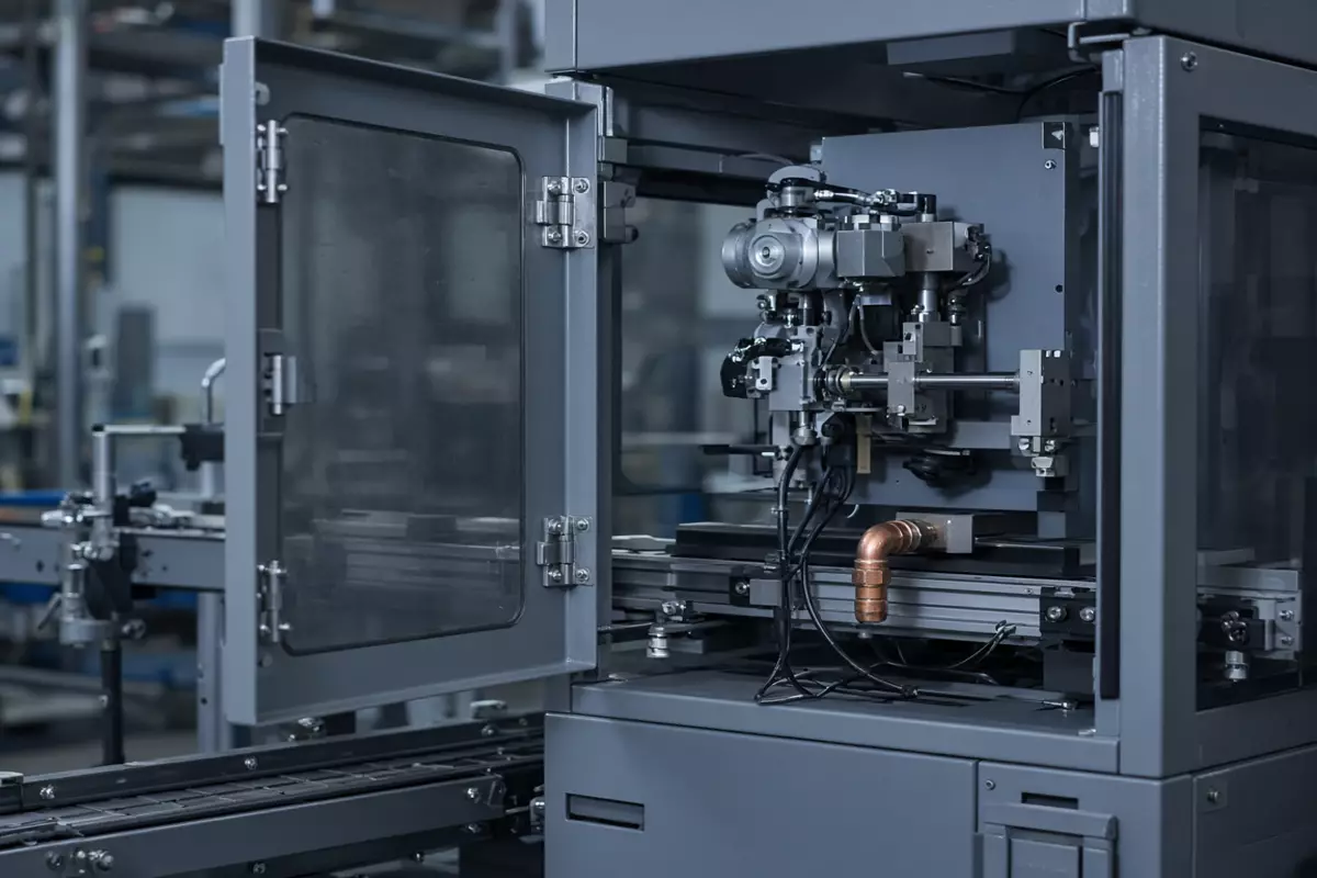 An open machine guard and unlabeled sensors on gray packaging equipment.