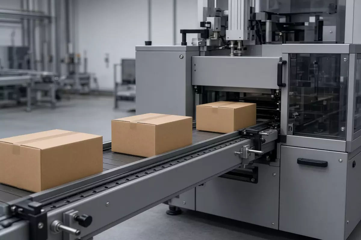 Plain cartons on a gray packaging conveyor.