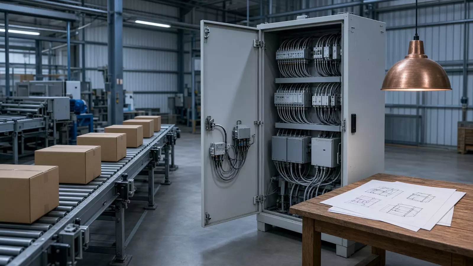A carton conveyor, an open unlabeled control cabinet and blank drawings on a wooden table.